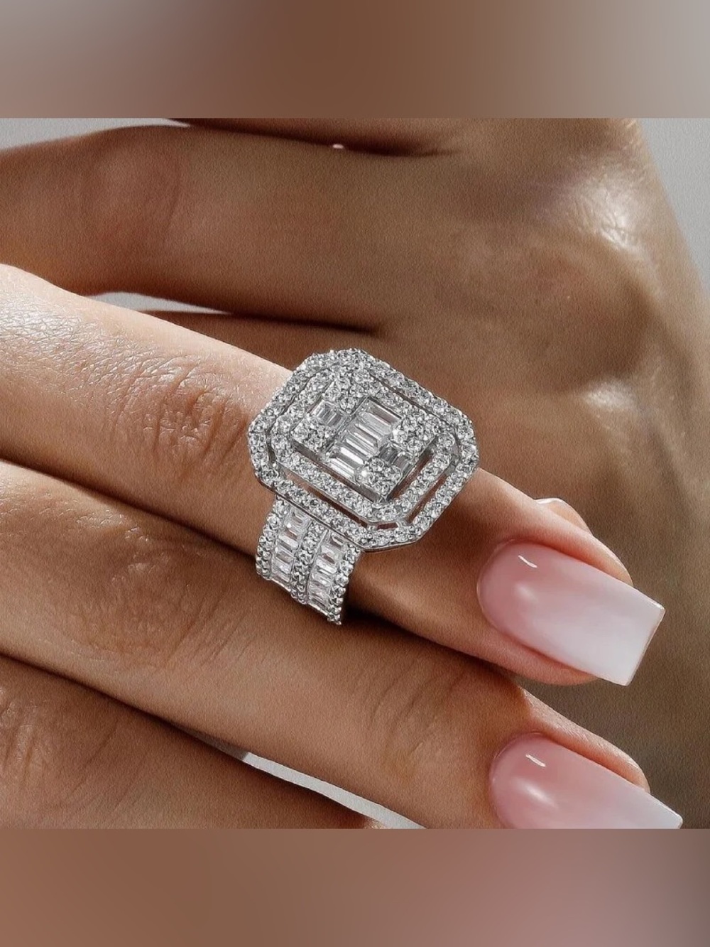 925 Sterling Silver Radiant Cut Halo Engagement Ring | CZ Diamond Wedding Band |
